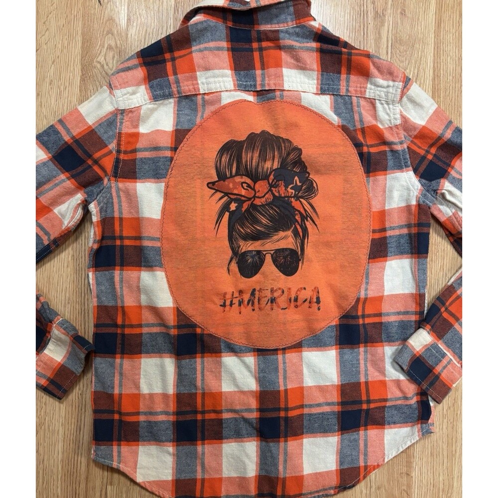 ‘Merica Upcycled Flannel Shirt Hippie Boho Country Orange & Blue Size Med Womens - Picture 3 of 8